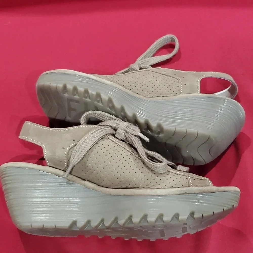 Fly London taupe leather lace up wedge peep toe shoes